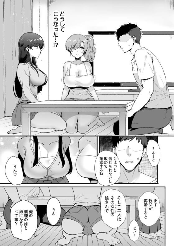 【エロ漫画】ドスケベ姉妹と同居生活！！ 突然の父親の再婚で美少女でエロすぎる義姉妹と1Kで同居することになって我慢の限界・・・（サンプル40枚）